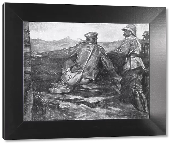 Le Terrain de l'offensive; Prisonnier bulgare montrant a deux officiers, un Francais... 1918. Creator: Unknown