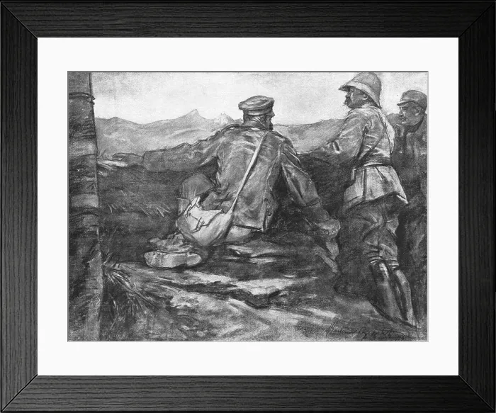 Framed Print : Le Terrain de l'offensive; Prisonnier bulgare montrant a deux officiers, un Francais... 1918. Creator: Unknown Framed Print : Le Terrain de l'offensive; Prisonnier bulgare montrant a deux officiers, un Francais... 1918. Creator: Unknown