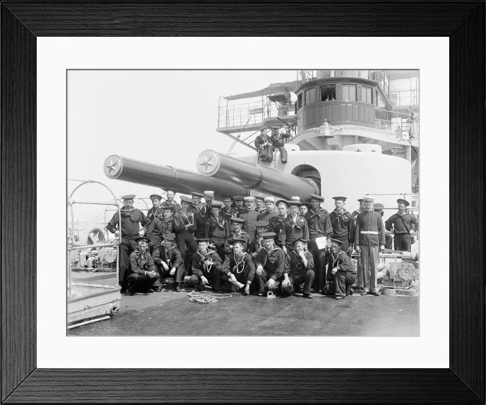 Framed Print : U.S.S. Iowa, group under 12-inch guns, (1898?). Creator: Edward H Hart
