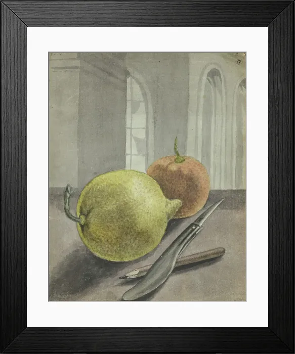 Framed Print : Still life with fruit, knife and pencil. 1779-1785. Creator: Jan Brandes Framed Print : Still life with fruit, knife and pencil. 1779-1785. Creator: Jan Brandes