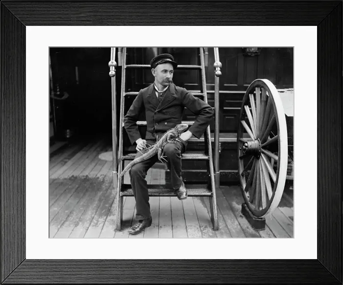 Framed Print : U.S.S. New York, Admiral Sampson's steward and his pet, between 1893 and 1901. Creator: Edward H Hart Framed Print : U.S.S. New York, Admiral Sampson's steward and his pet, between 1893 and 1901. Creator: Edward H Hart