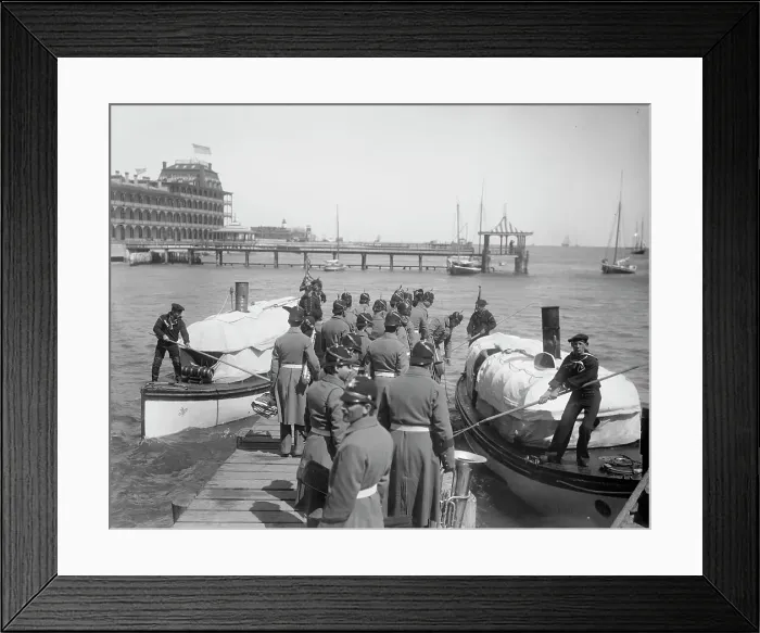 Framed Print : U.S.S. New York, band going aboard at Hampton Roads, between 1893 and 1901. Creator: Edward H Hart Framed Print : U.S.S. New York, band going aboard at Hampton Roads, between 1893 and 1901. Creator: Edward H Hart