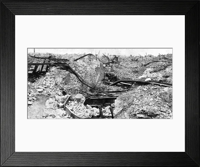 Framed Print : Ce qui fut Lens; Des rails tordus pres de l'emplacement ou elevait la gare; en entrant... 1918. Creator: Unknown Framed Print : Ce qui fut Lens; Des rails tordus pres de l'emplacement ou elevait la gare; en entrant... 1918. Creator: Unknown