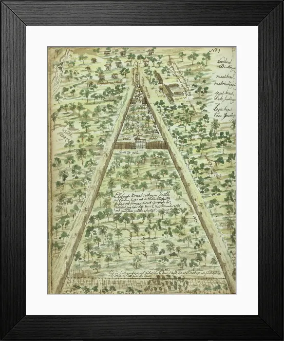 Framed Print : Bird's eye view of elephant corral, 1785. Creator: Jan Brandes Framed Print : Bird's eye view of elephant corral, 1785. Creator: Jan Brandes