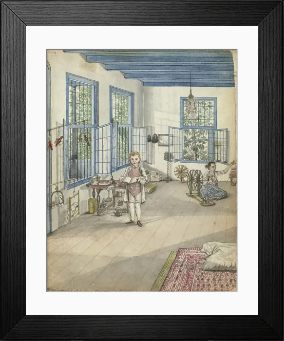 Framed Print : Living room with son Jantje and Flora, an enslaved woman, near a spinning wheel, 1784. Creator: Jan Brandes Framed Print : Living room with son Jantje and Flora, an enslaved woman, near a spinning wheel, 1784. Creator: Jan Brandes