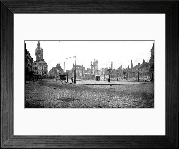 Framed Print : Les devastations a Douai; La place d'Armes don't un cote a ete incendie par... 1918. Creator: Unknown Framed Print : Les devastations a Douai; La place d'Armes don't un cote a ete incendie par... 1918. Creator: Unknown