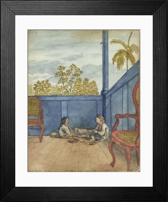 Framed Print : Terrace with son Jantje and Bietja, an enslaved girl, 1784. Creator: Jan Brandes Framed Print : Terrace with son Jantje and Bietja, an enslaved girl, 1784. Creator: Jan Brandes