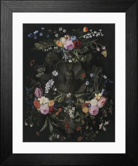 Framed Print : Cartouche with Bust of Christ Surrounded by a Garland of Flowers, 1659. Creator: Andries Bosman