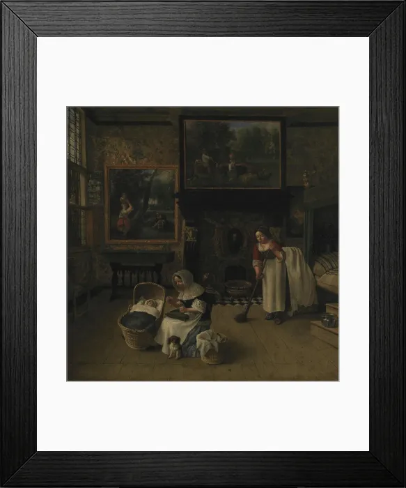 Framed Print : Interior with a Woman Embroidering and Rocking a Child in a Cradle, 1671. Creator: Jan Siberechts Framed Print : Interior with a Woman Embroidering and Rocking a Child in a Cradle, 1671. Creator: Jan Siberechts