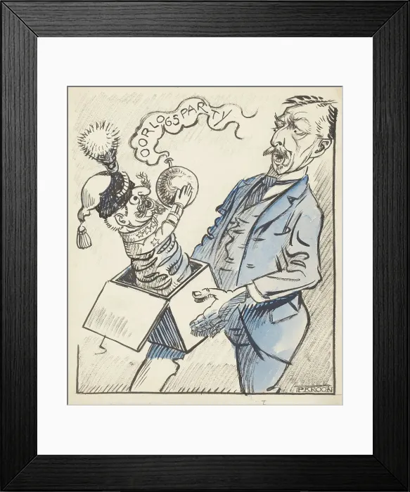 Framed Print : War party jumps out of a Jack in the Box, 1920-1930. Creator: Patrick Kroon Framed Print : War party jumps out of a Jack in the Box, 1920-1930. Creator: Patrick Kroon
