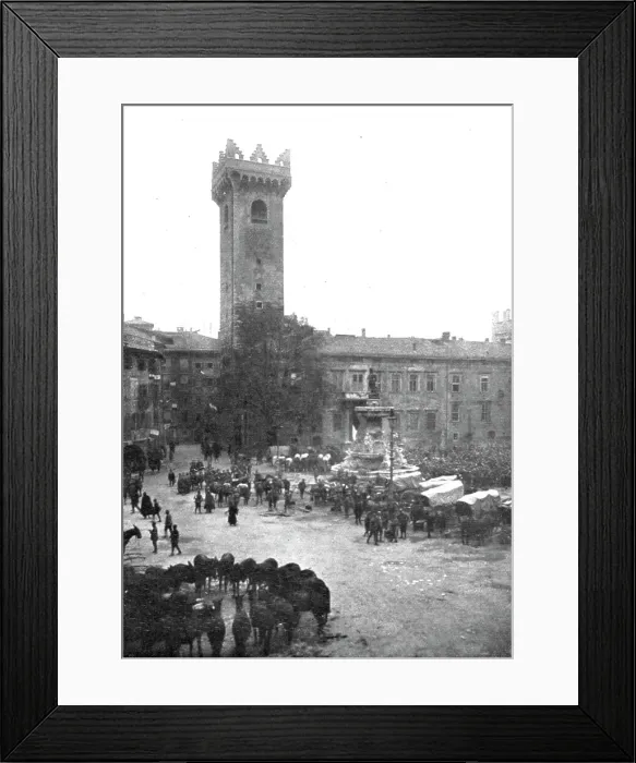 Framed Print : Trente Italienne; Cantonnement de cavalerie italienne devant la vicille tour de l'Horloge, 1918. Creator: Unknown Framed Print : Trente Italienne; Cantonnement de cavalerie italienne devant la vicille tour de l'Horloge, 1918. Creator: Unknown