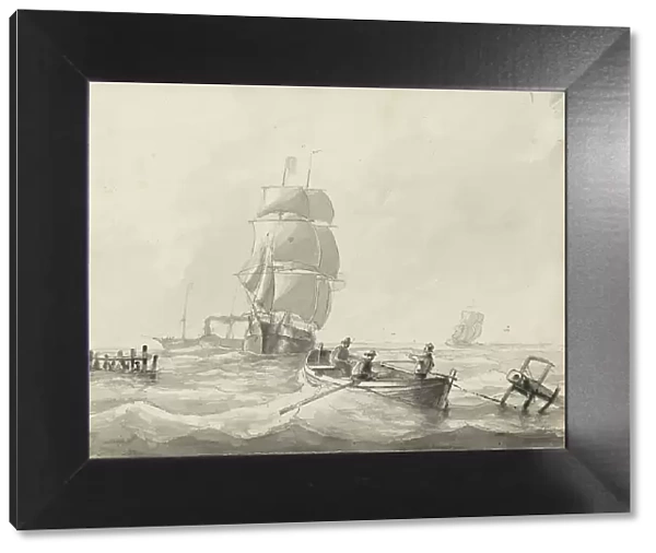 Seascape with sailing ships, a steamship and a rowing boat, c.1825-c.1875. Creator: Circle of Petrus Johannes Schotel