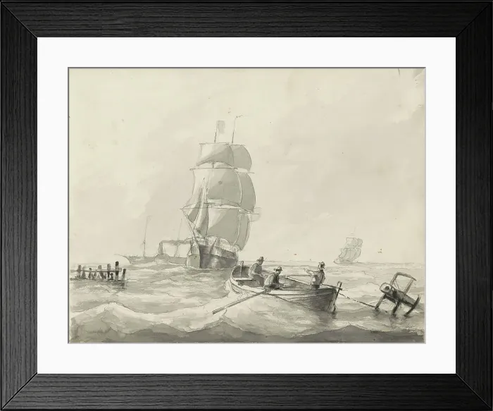 Framed Print : Seascape with sailing ships, a steamship and a rowing boat, c.1825-c.1875. Creator: Circle of Petrus Johannes Schotel Framed Print : Seascape with sailing ships, a steamship and a rowing boat, c.1825-c.1875. Creator: Circle of Petrus Johannes Schotel