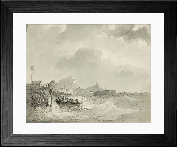 Framed Print : Sloop with figures at a landing place, c.1825-c.1875. Creator: Circle of Petrus Johannes Schotel Framed Print : Sloop with figures at a landing place, c.1825-c.1875. Creator: Circle of Petrus Johannes Schotel