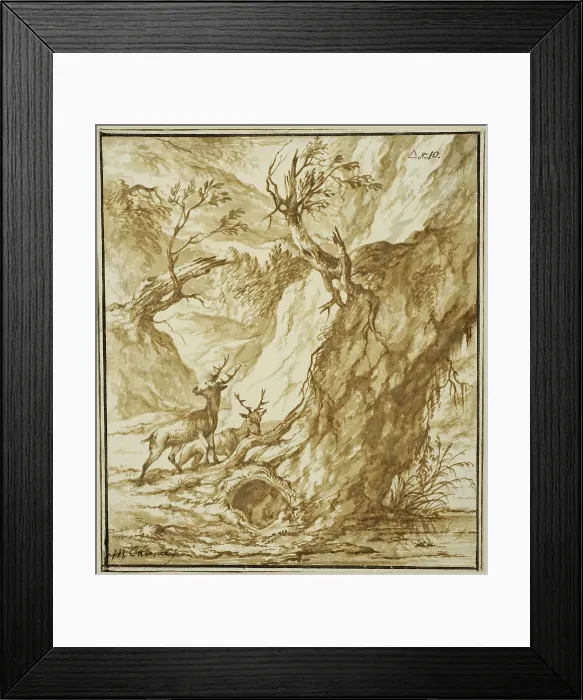Framed Print : Landscape with two deer by a large tree trunk. Creator: Michiel Carree Framed Print : Landscape with two deer by a large tree trunk. Creator: Michiel Carree