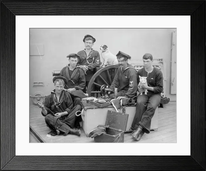 Framed Print : U.S.S. New York, ship's tailor, between 1893 and 1901. Creator: William H. Jackson Framed Print : U.S.S. New York, ship's tailor, between 1893 and 1901. Creator: William H. Jackson