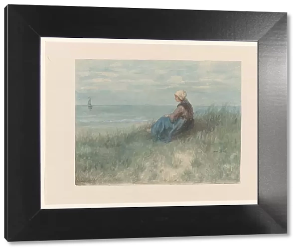 Woman sitting on the dunes watching the sea, 1834-1892. Creator: Jozef Israels