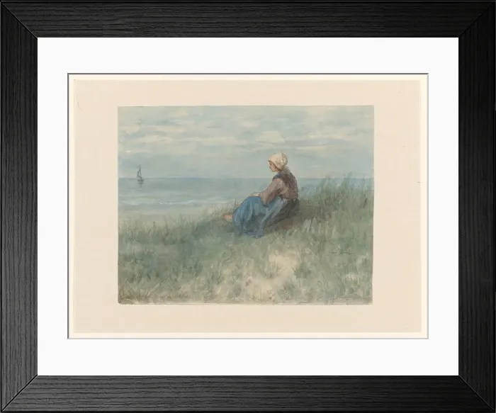 Framed Print : Woman sitting on the dunes watching the sea, 1834-1892. Creator: Jozef Israels Framed Print : Woman sitting on the dunes watching the sea, 1834-1892. Creator: Jozef Israels