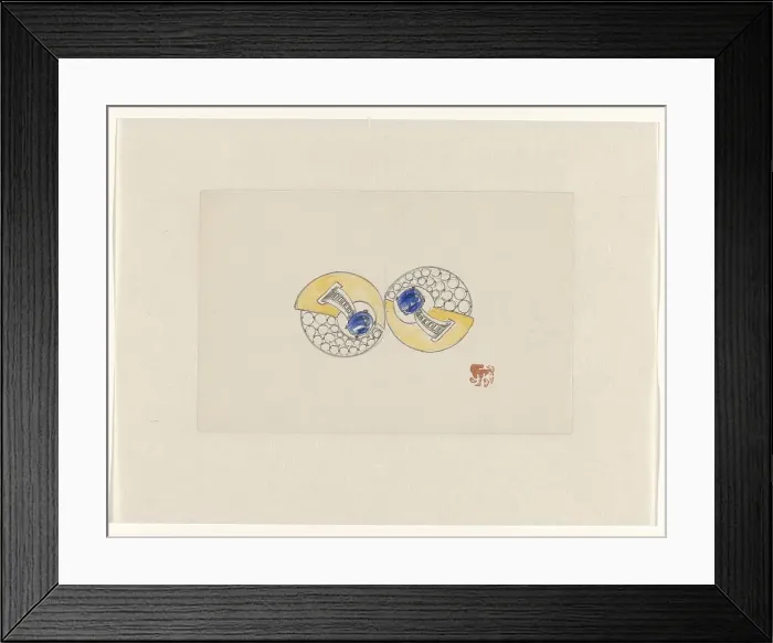 Framed Print : Design for jewel, made up of two round halves, with gold, sapphire and brilliants, c.1920-c.1930. Creator: Jules Chadel Framed Print : Design for jewel, made up of two round halves, with gold, sapphire and brilliants, c.1920-c.1930. Creator: Jules Chadel