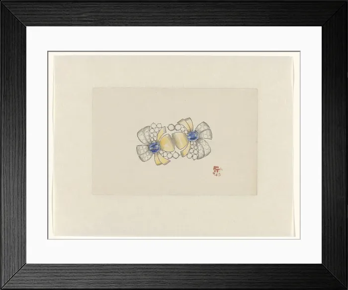 Framed Print : Design for jewel in the form of two stylized flowers, with gold and sapphire, c.1920-c.1930. Creator: Jules Chadel