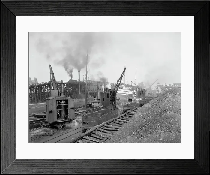 Framed Print : Whirleys unloading ore, Penna. R.R. [Pennsylvania Railroad] docks, Erie, Pa. ca 1900. Creator: William H. Jackson