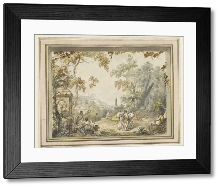 Framed Print : Design for a room painting: idyllic-arcadian landscape with classic buildings, 1752-1819. Creator: Juriaan Andriessen Framed Print : Design for a room painting: idyllic-arcadian landscape with classic buildings, 1752-1819. Creator: Juriaan Andriessen