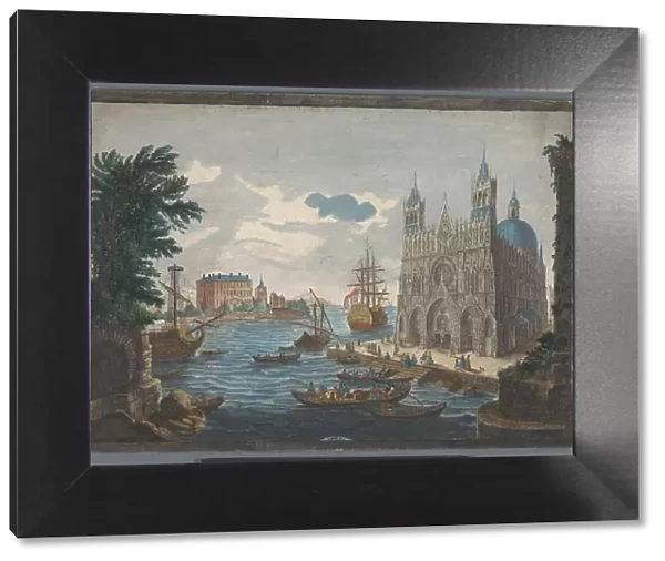View of a Gothic Cathedral on the Water, 1760. Creator: Jean Moyreau