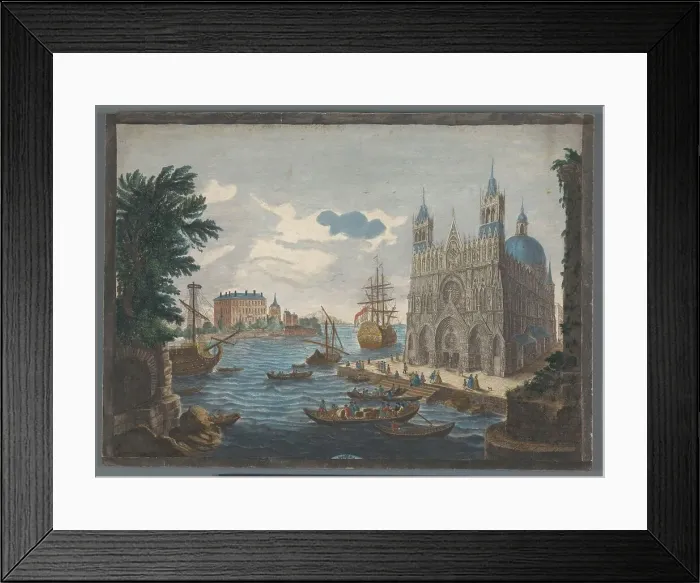 Framed Print : View of a Gothic Cathedral on the Water, 1760. Creator: Jean Moyreau Framed Print : View of a Gothic Cathedral on the Water, 1760. Creator: Jean Moyreau