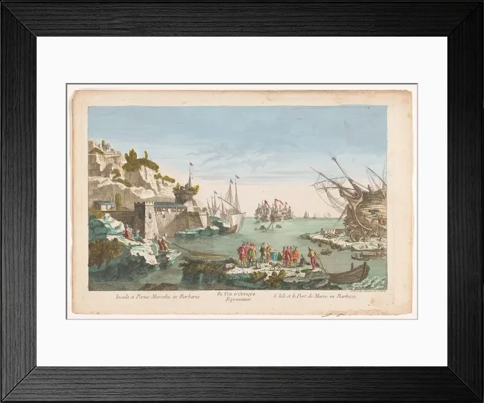 Framed Print : View of a harbour with a shipyard in Morocco, 1745-1775. Creator: Anon Framed Print : View of a harbour with a shipyard in Morocco, 1745-1775. Creator: Anon