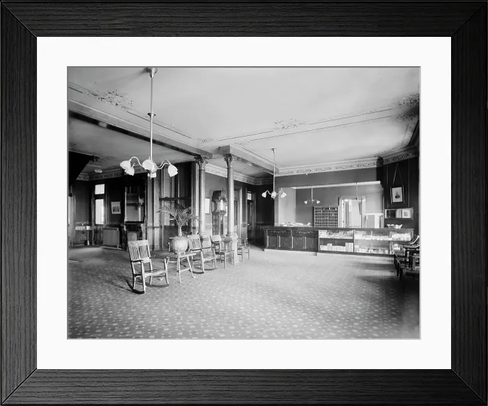 Framed Print : Alma Sanitarium, reception hall and office, Alma, Mich. between 1900 and 1910. Creator: William H. Jackson Framed Print : Alma Sanitarium, reception hall and office, Alma, Mich. between 1900 and 1910. Creator: William H. Jackson