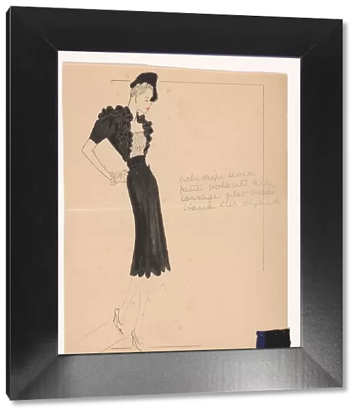 Robe crepe noir (avec) petits volants au corsage, gilet brodé blanc sur organdi, 1938-1939. Creator: Marcel Dhorme