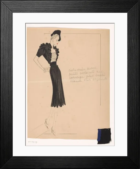 Framed Print : Robe crepe noir (avec) petits volants au corsage, gilet brodé blanc sur organdi, 1938-1939. Creator: Marcel Dhorme Framed Print : Robe crepe noir (avec) petits volants au corsage, gilet brodé blanc sur organdi, 1938-1939. Creator: Marcel Dhorme
