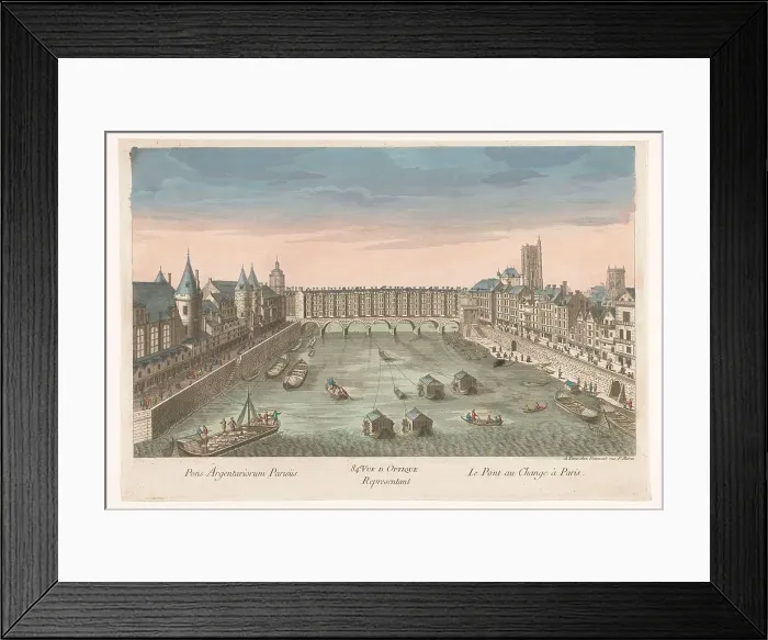 Framed Print : View of the built -up Pont au Change over the Seine River in Paris, 1745-1775. Creator: Anon Framed Print : View of the built -up Pont au Change over the Seine River in Paris, 1745-1775. Creator: Anon
