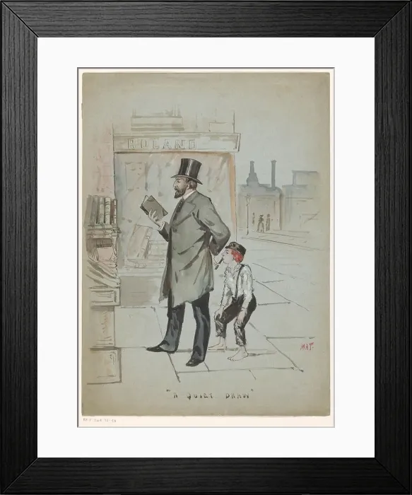 Framed Print : Boy secretly takes a puff of a cigar held by a man looking at books, c.1900-c.1950. Creator: Mat Framed Print : Boy secretly takes a puff of a cigar held by a man looking at books, c.1900-c.1950. Creator: Mat