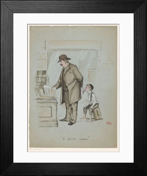 Framed Print : Boy secretly takes a puff of a cigar held by a man looking at sheet music, c.1900-c.1950. Creator: Mat Framed Print : Boy secretly takes a puff of a cigar held by a man looking at sheet music, c.1900-c.1950. Creator: Mat