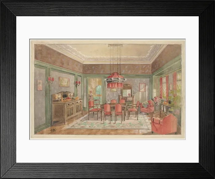 Framed Print : Dining room with red chairs, c.1925. Creator: Monogrammist HK Framed Print : Dining room with red chairs, c.1925. Creator: Monogrammist HK