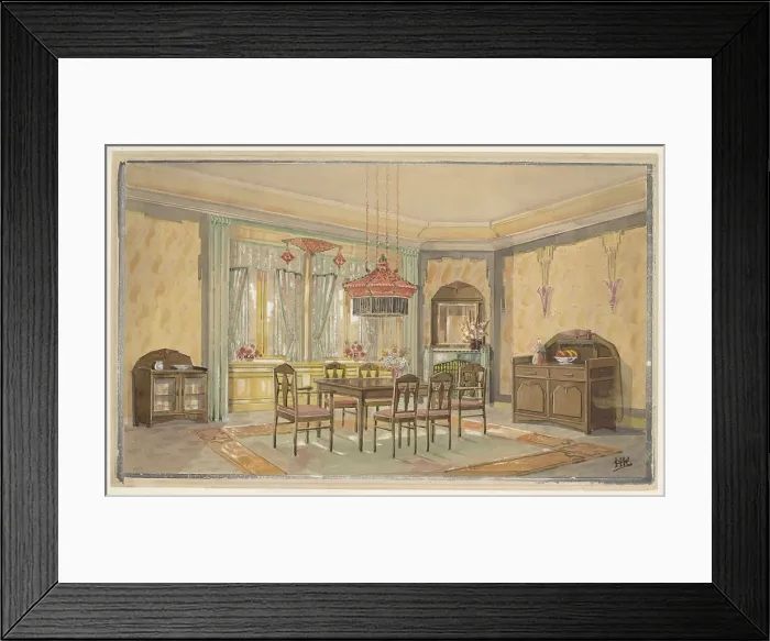 Framed Print : Dining room with yellow walls and red lamp, c.1925. Creator: Monogrammist HK Framed Print : Dining room with yellow walls and red lamp, c.1925. Creator: Monogrammist HK