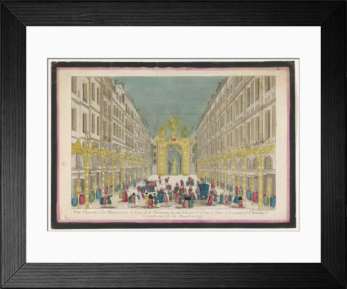 Framed Print : View of decorations on rue de la Ferronnerie in Paris on occasion of the restoration...1745 Creator: Anon Framed Print : View of decorations on rue de la Ferronnerie in Paris on occasion of the restoration...1745 Creator: Anon
