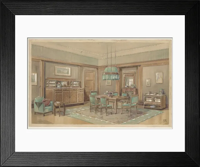 Framed Print : Dining room with green track on top along the walls, c.1925. Creator: Monogrammist HK Framed Print : Dining room with green track on top along the walls, c.1925. Creator: Monogrammist HK