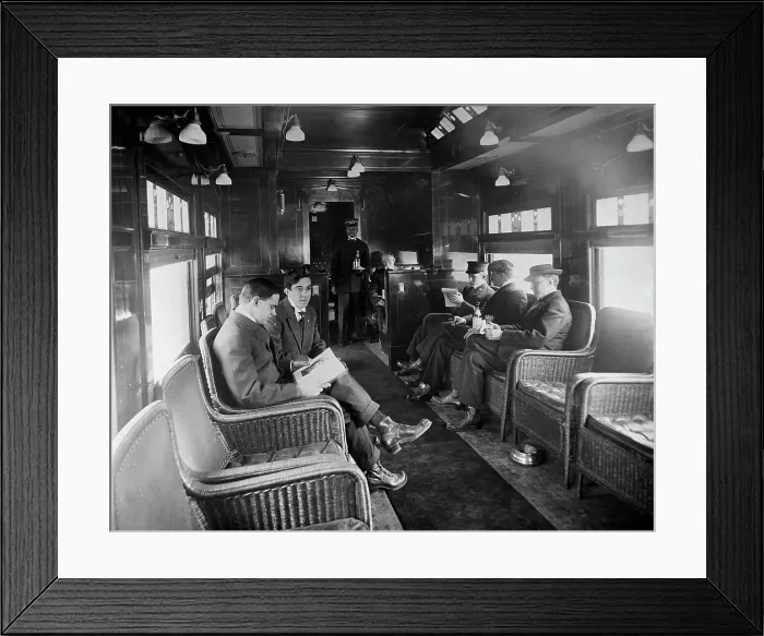 Framed Print : Buffet library car on a deluxe overland limited train, between 1910 and 1920. Creator: William H. Jackson Framed Print : Buffet library car on a deluxe overland limited train, between 1910 and 1920. Creator: William H. Jackson