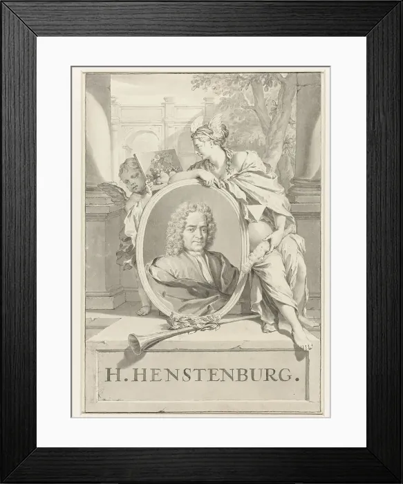 Framed Print : Portrait of Herman Henstenburgh in an oval frame, held by female figure and putto, 1683-1746. Creator: Nicolaas Verkolje Framed Print : Portrait of Herman Henstenburgh in an oval frame, held by female figure and putto, 1683-1746. Creator: Nicolaas Verkolje
