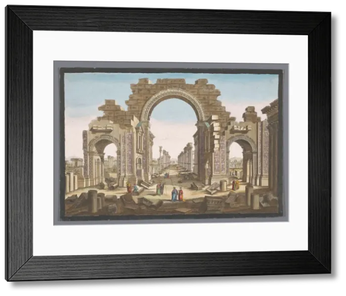 Framed Print : View of the ruin of the arch of the colonnade at Palmyra, seen from the east, 1745-1775. Creator: Anon Framed Print : View of the ruin of the arch of the colonnade at Palmyra, seen from the east, 1745-1775. Creator: Anon