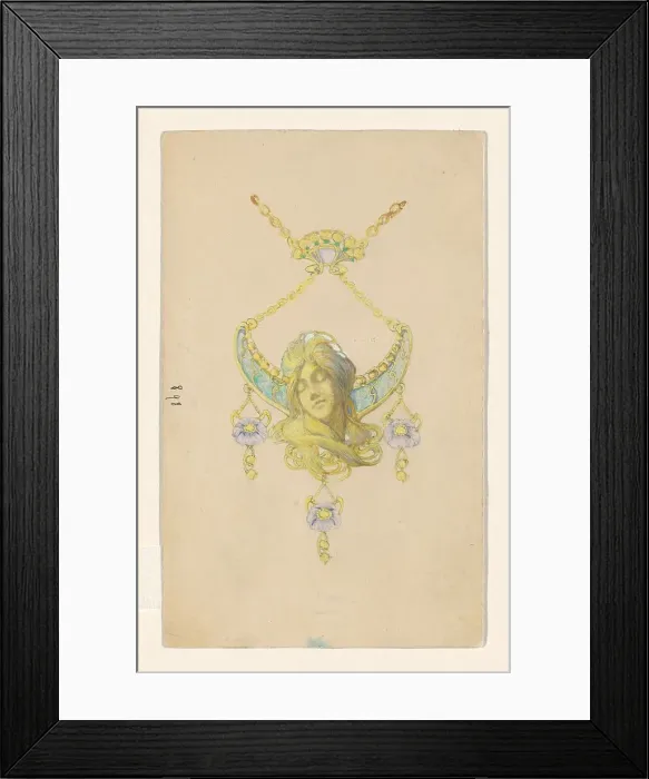 Framed Print : Design for a pendant with a sleeping women's head and poppies, enamelled gold, c.1905. Creator: Paul Louchet Framed Print : Design for a pendant with a sleeping women's head and poppies, enamelled gold, c.1905. Creator: Paul Louchet