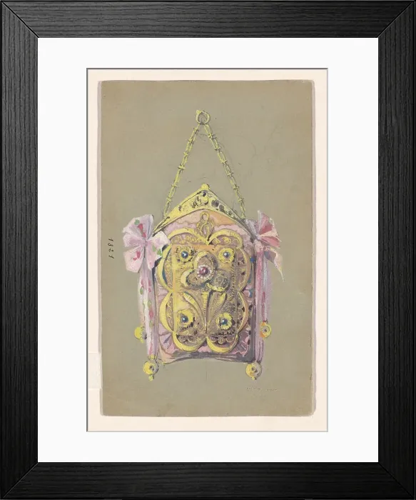 Framed Print : Design for an evening bag with a gilded silver bracket and tie ribbons, c.1905. Creator: Paul Louchet Framed Print : Design for an evening bag with a gilded silver bracket and tie ribbons, c.1905. Creator: Paul Louchet