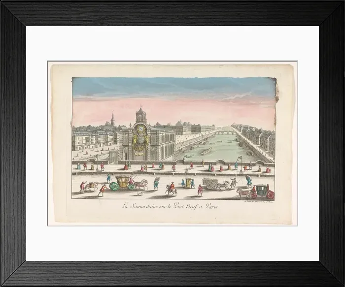 Framed Print : View of the water pump Samaritaine on the ferry Neuf over the Seine River in Paris, 1745-1775. Creator: Anon Framed Print : View of the water pump Samaritaine on the ferry Neuf over the Seine River in Paris, 1745-1775. Creator: Anon