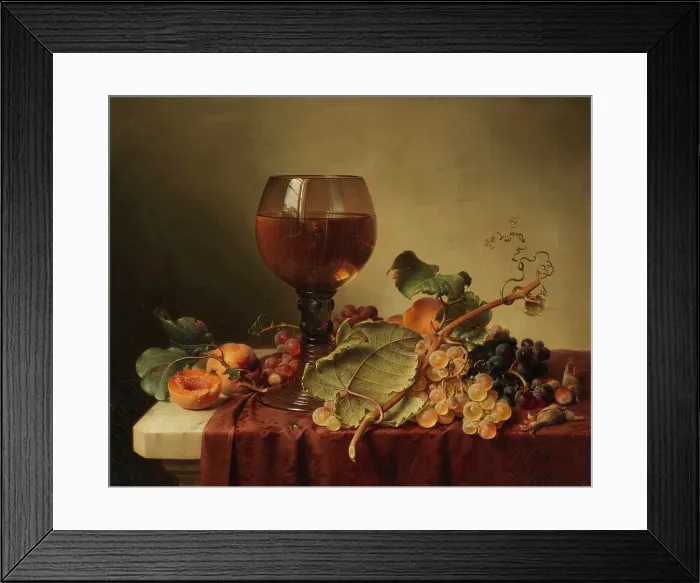 Framed Print : Still life with a self-portrait in a wine glass and fruit, 1861. Creator: Preyer, Johann Wilhelm (1803-1889) Framed Print : Still life with a self-portrait in a wine glass and fruit, 1861. Creator: Preyer, Johann Wilhelm (1803-1889)