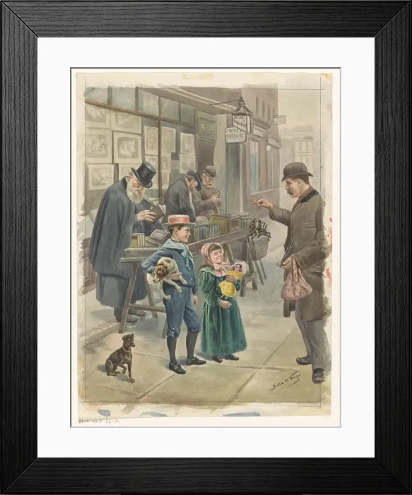 Framed Print : Man shows two children toys on the pavement outside a print shop, c.1875-c.1925. Creator: Pedro de Weyer Framed Print : Man shows two children toys on the pavement outside a print shop, c.1875-c.1925. Creator: Pedro de Weyer