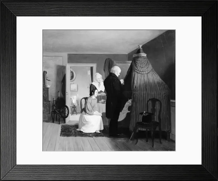 Framed Print : A doctor at the bedside, 1840. Creator: Julius Friedlaender