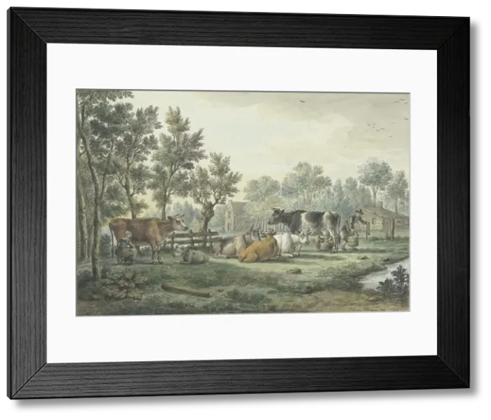 Framed Print : Meadow with cows being milked, 1773. Creator: Paulus Constantijn la Fargue Framed Print : Meadow with cows being milked, 1773. Creator: Paulus Constantijn la Fargue