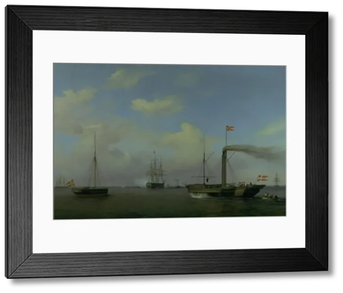 Framed Print : The Danish squadron at anchor at Warnemünde rhed, 1842. Creator: Friedrich Theodore Kloss Framed Print : The Danish squadron at anchor at Warnemünde rhed, 1842. Creator: Friedrich Theodore Kloss